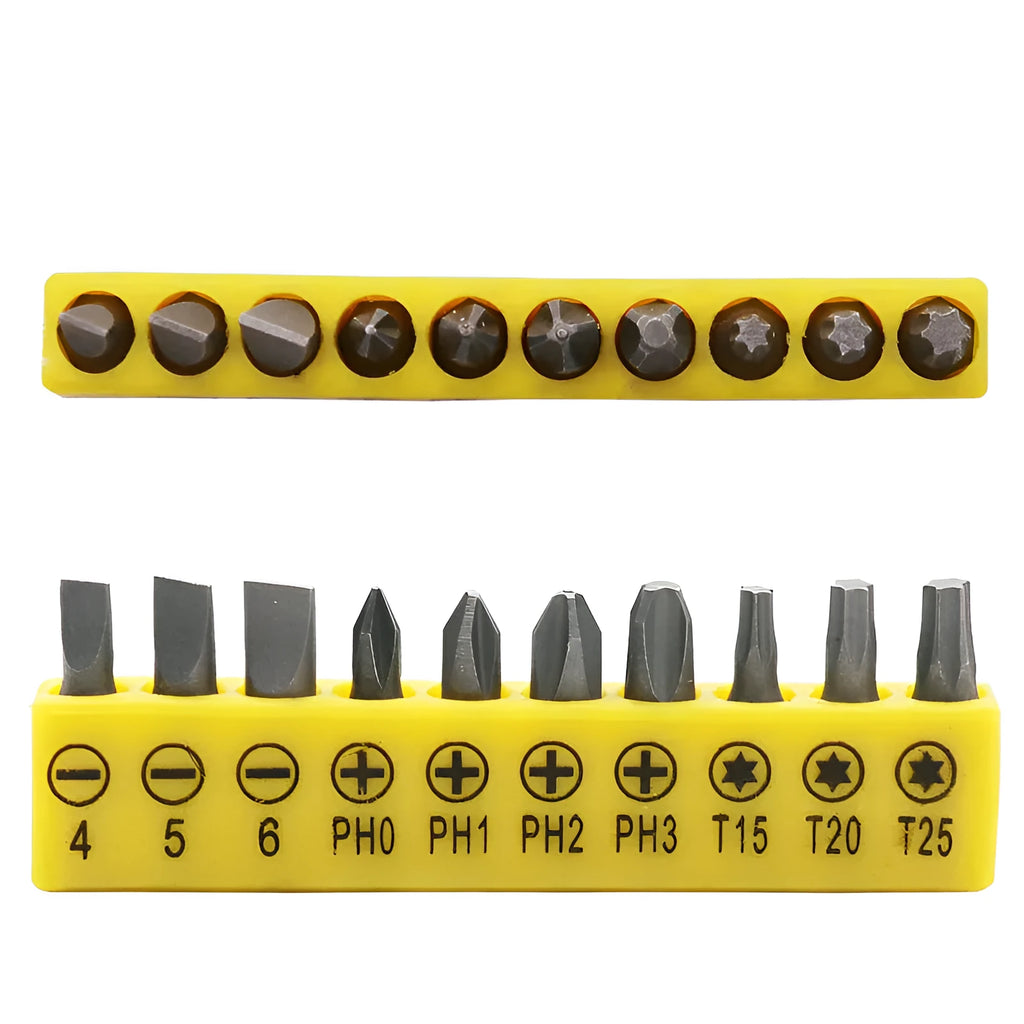 L-shaped double-headed socket wrench with ten drill bits on a white background