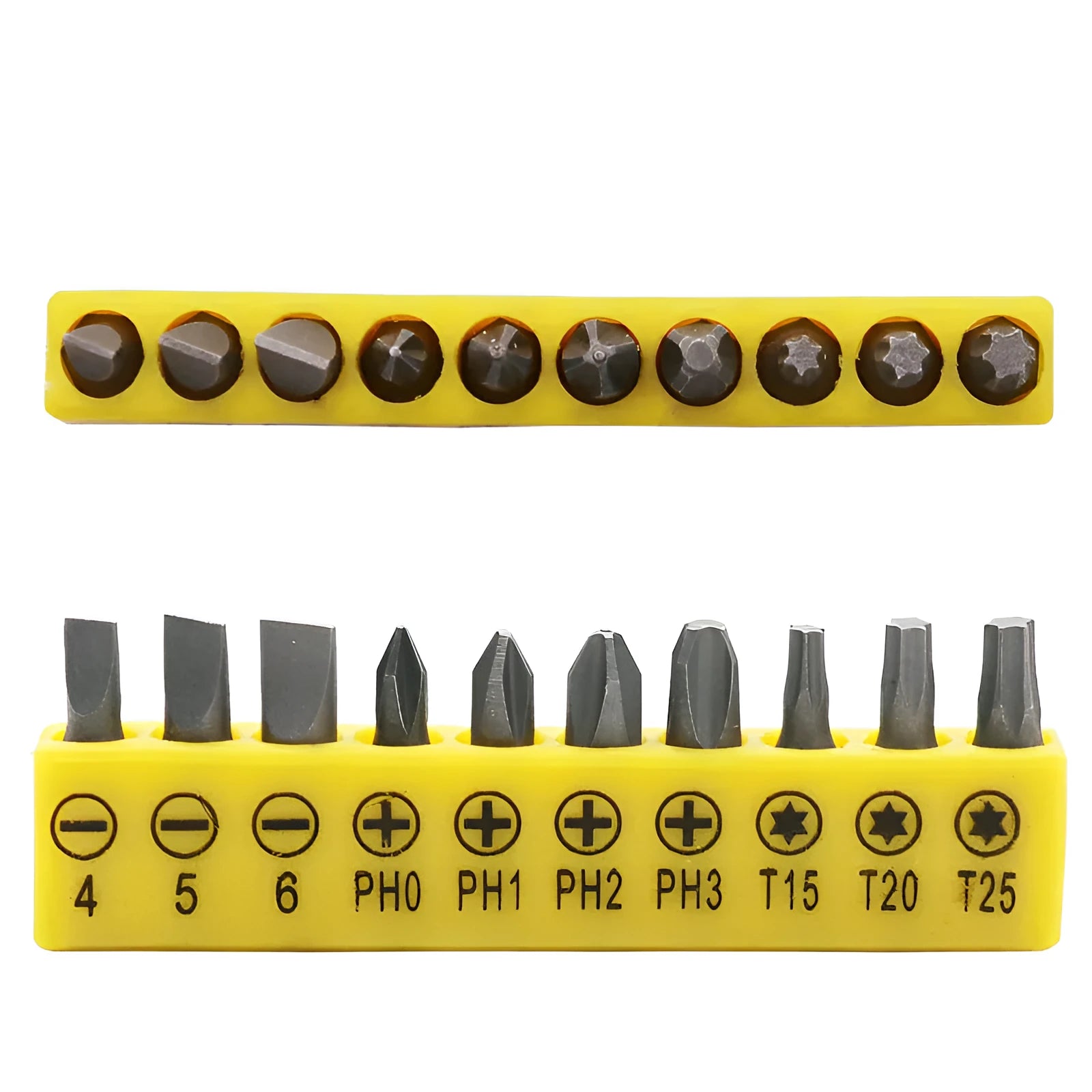 L-shaped double-headed socket wrench with ten drill bits on a white background