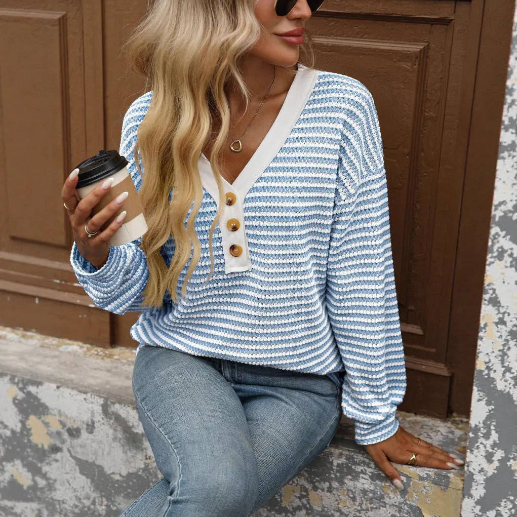 Women's V-neck patchwork casual top in loose fit with long sleeves