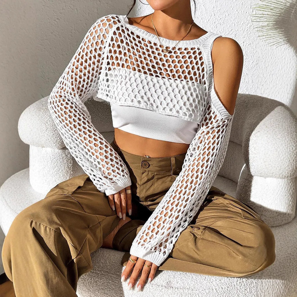 Sexy white hollowed navel mesh shirt made from polypropylene fibre for beachwear.