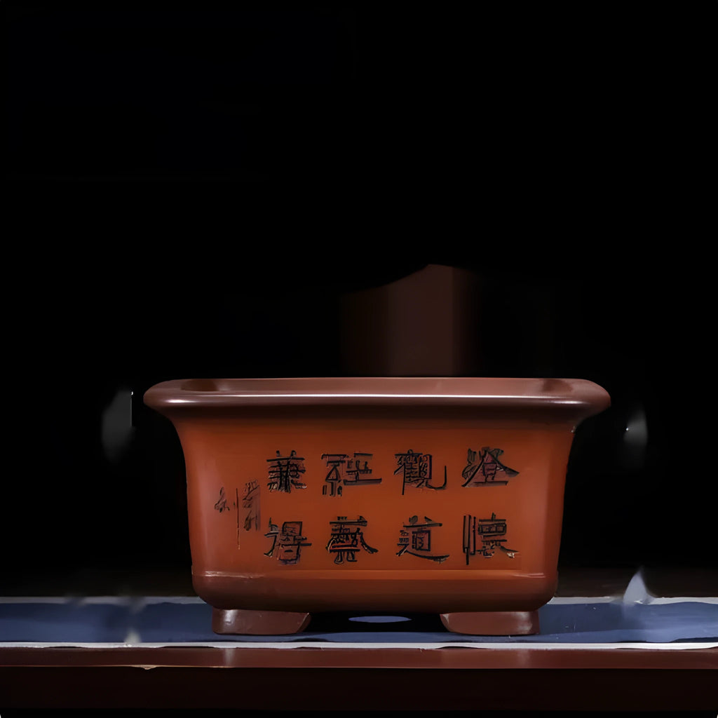 Large purple clay Chinese style flower pot for indoor bonsai or plants.