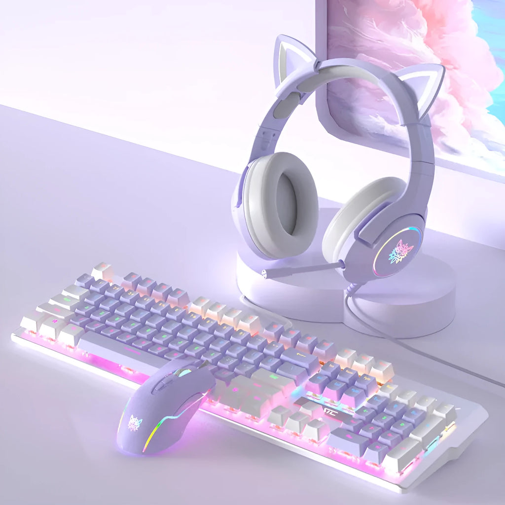 White and purple LED backlit mechanical keyboard and wired mouse set on a desk.