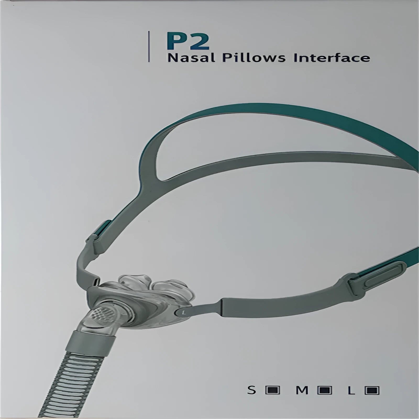 Ventilator nasal pillow mask with silicone cushion and headband components displayed in English packaging