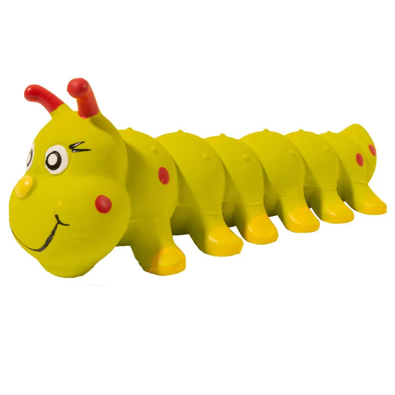 Yellow rubber caterpillar dog chew toy with squeaker for small medium breeds