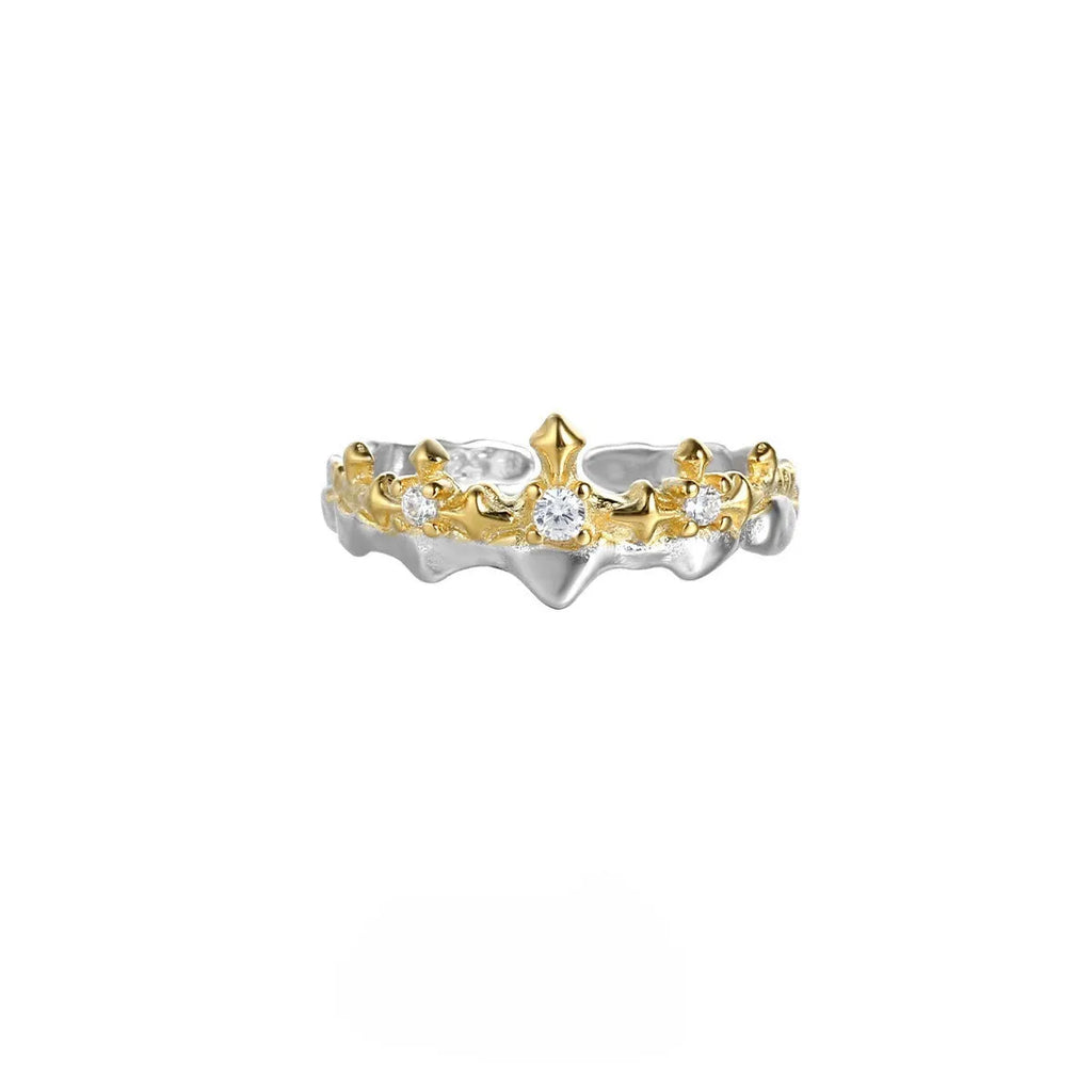 Princess knight couple ring with adjustable opening in electroplated silver showing white gold and black gold colour options