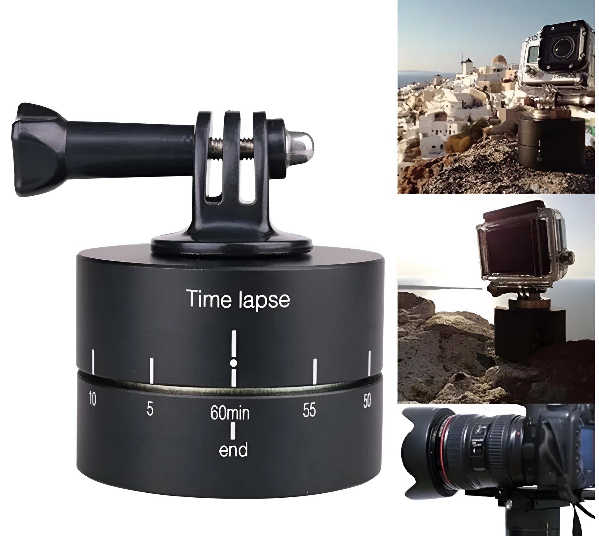 360-degree auto rotate camera tripod head base for timelapse photography with GoPro and DSLR compatibility
