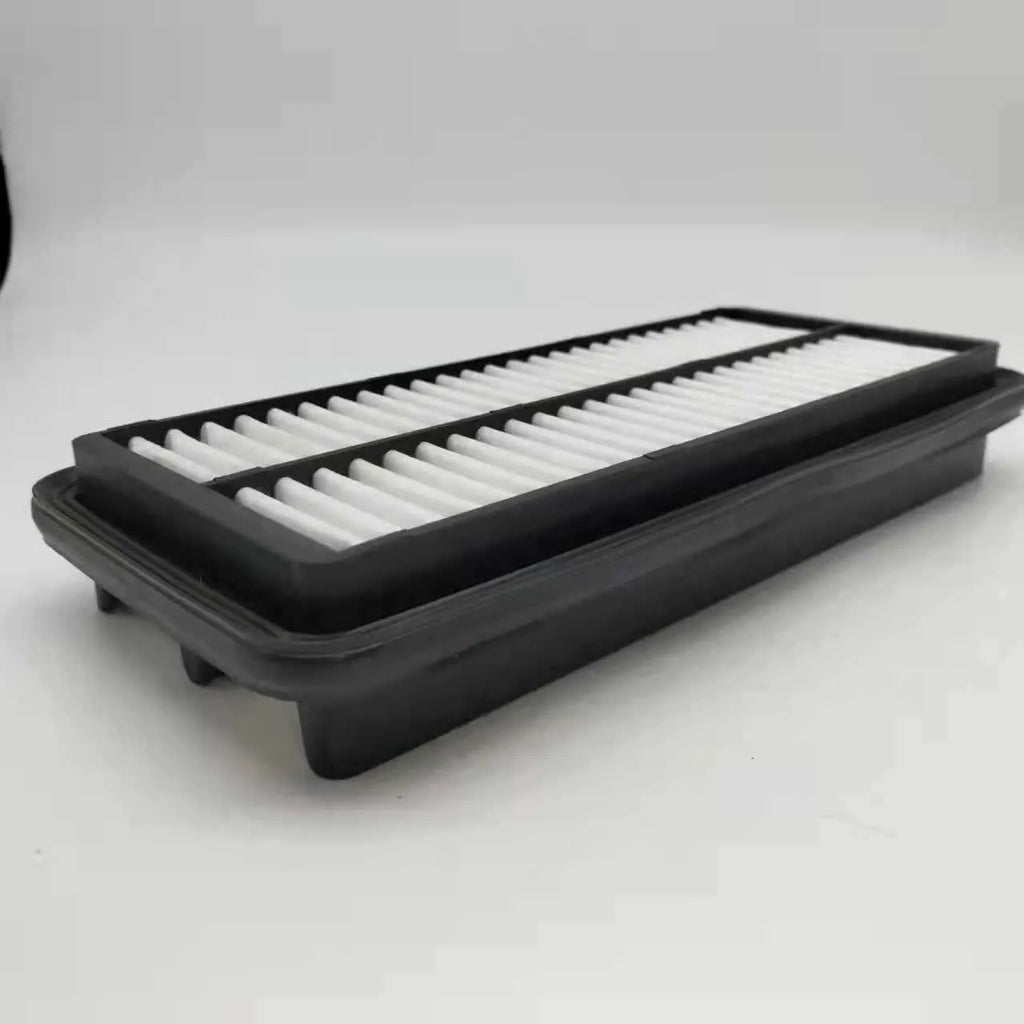Black rectangular car engine air filter with dimensions 256mm by 113mm by 40mm.