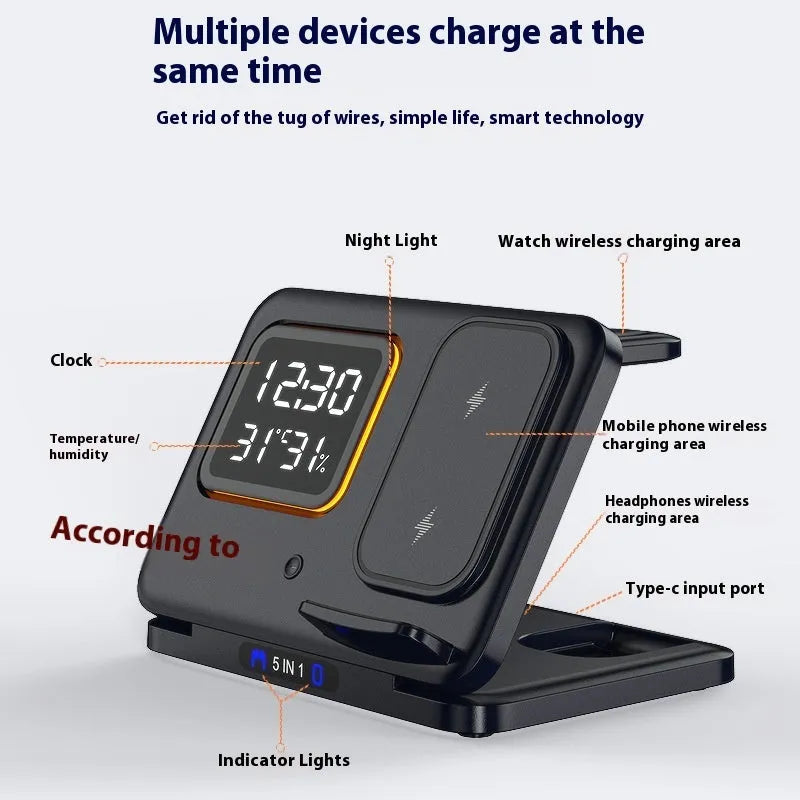 Black and white wireless charging station with phone, watch, and headphones on dock, showing LED time and temperature display.