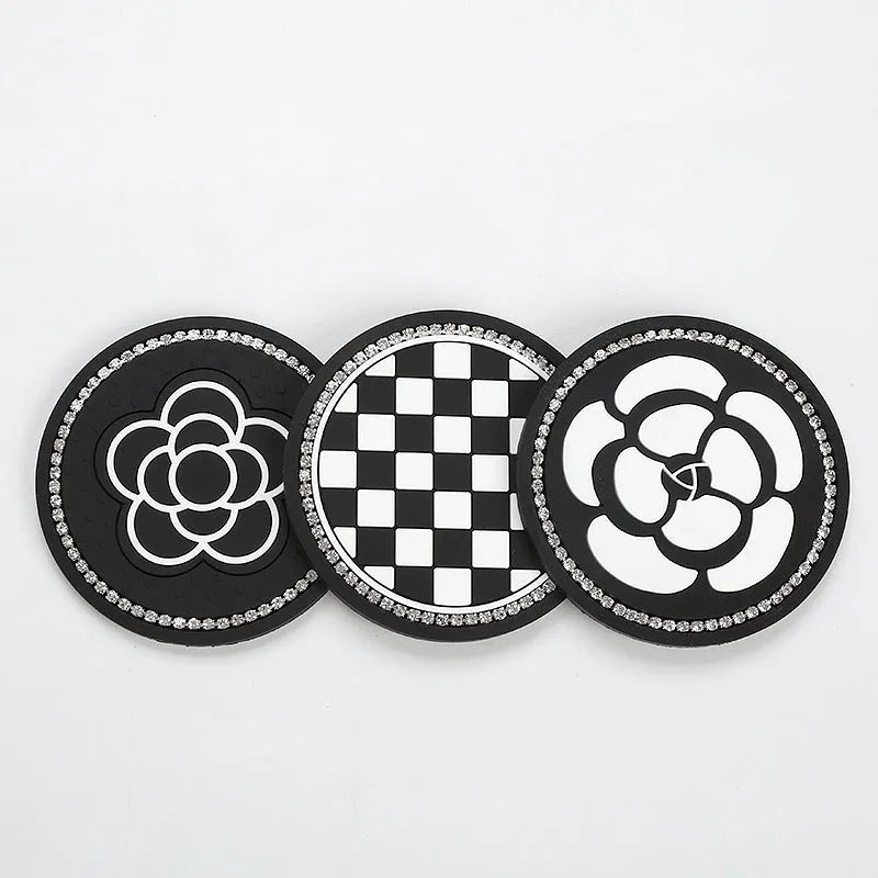 PVC car cup holder mat coaster in black and white checkerboard pattern for vehicle interior