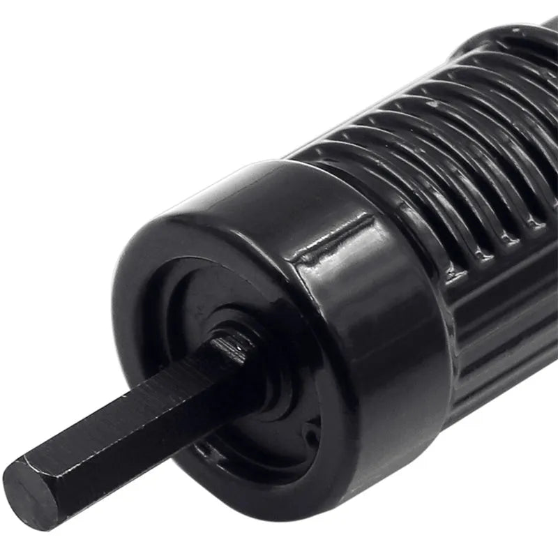 Black metal electric drill rivet gun attachment, 173mm long, with handle and four rivet heads.