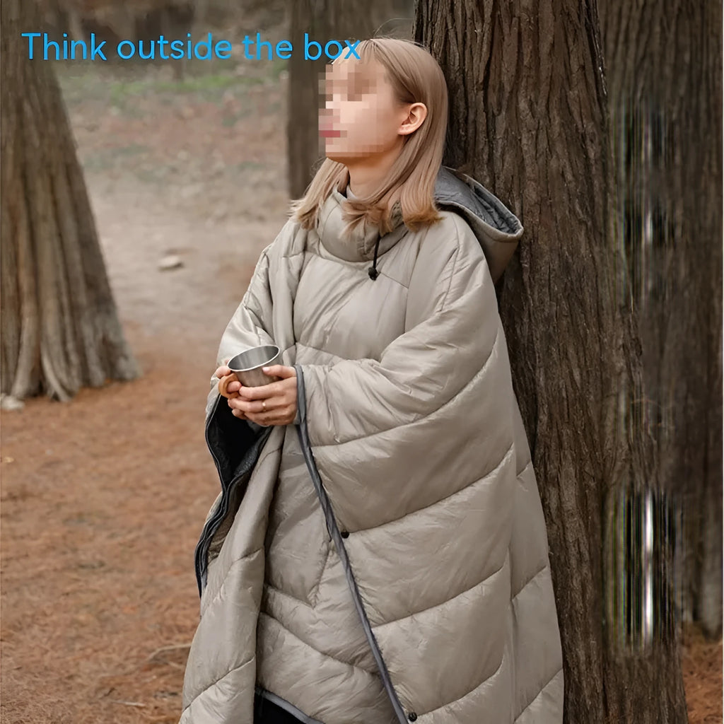 Army green wearable cloak sleeping bag with hood and sleeves for outdoor camping