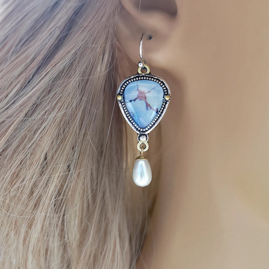 Retro blue geometric drop earrings with synthetic blue opal and white pearl accents