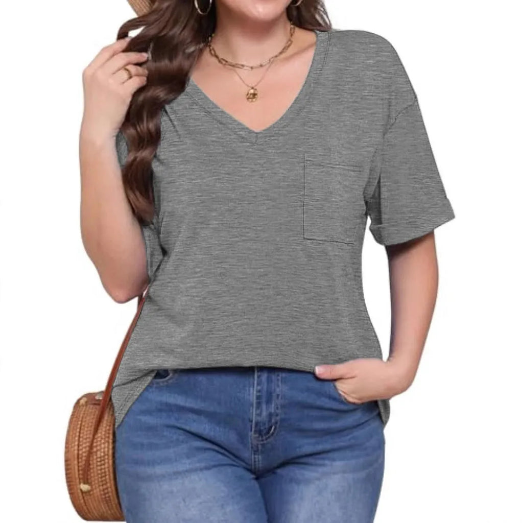 Grey loose fit V-neck T-shirt with front pocket, short sleeves