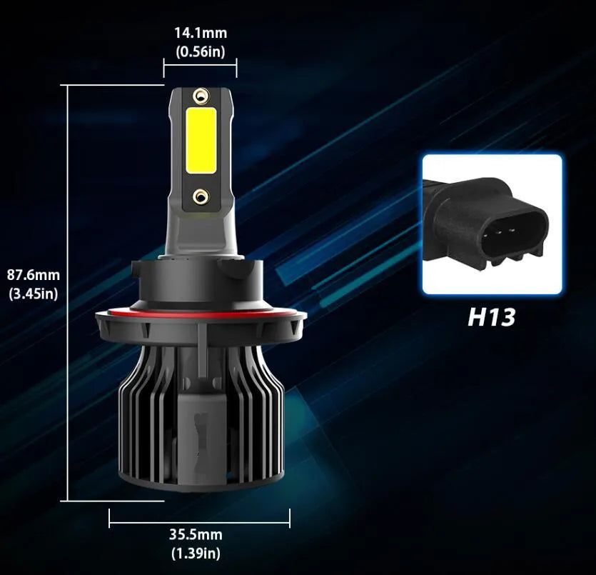 Car LED headlight bulb kit showing 6000K white light, 72W power rating, and compatible model numbers like H7 and 9005.