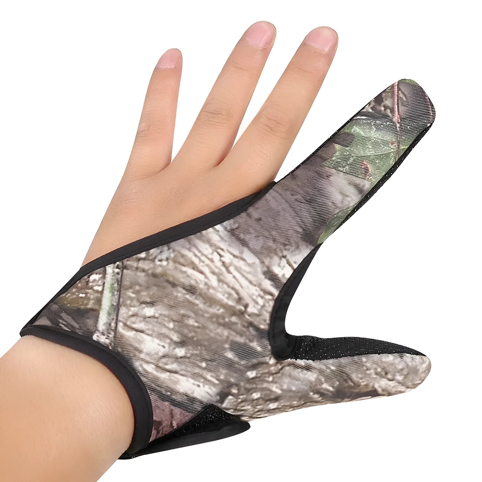 Two-finger fishing glove showing microfiber palm and diving cloth back in camouflage pattern