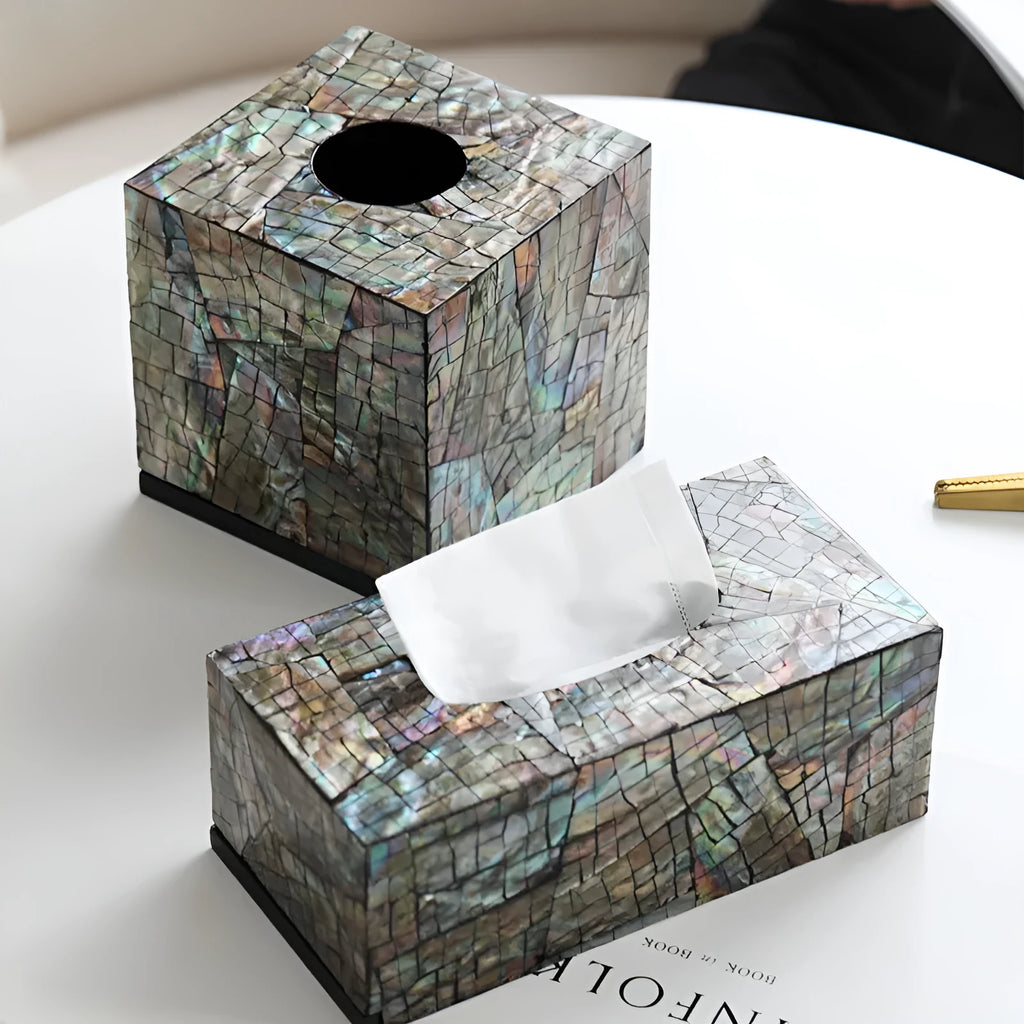 Natural shell tissue box with removable organiser in black rectangular and square designs