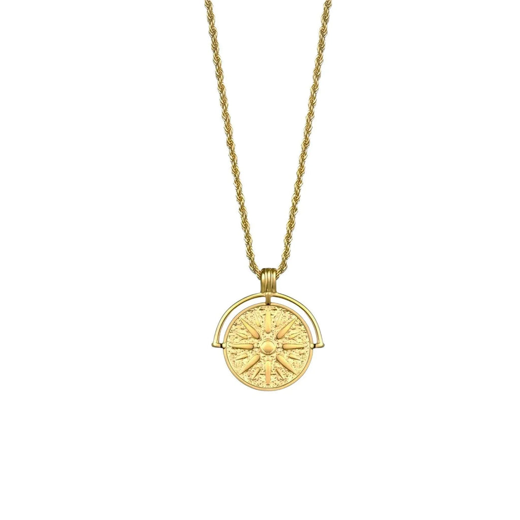 Gold titanium steel necklace with round embossed sunflower pendant and hemp chain.
