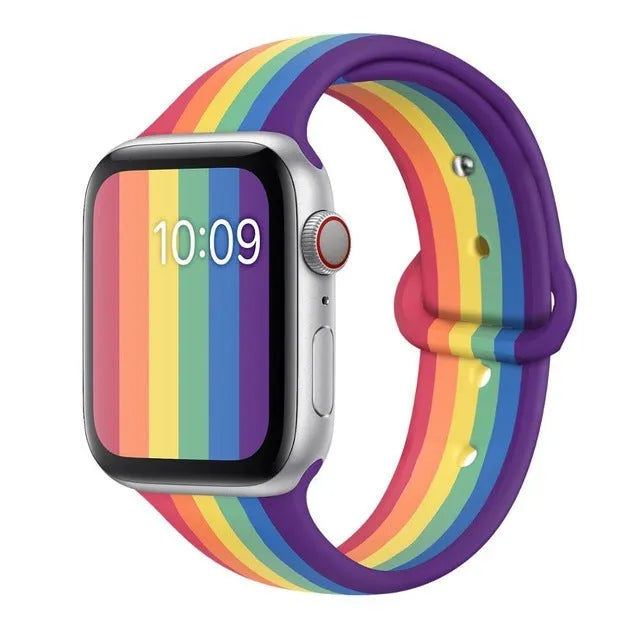 Silicone sports wristband with buckle closure in black, white and rainbow colours