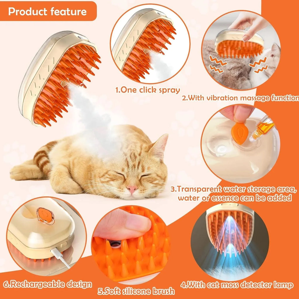 Yellow 4-in-1 cat steam brush with vibration massage and ringworm detection for pet grooming
