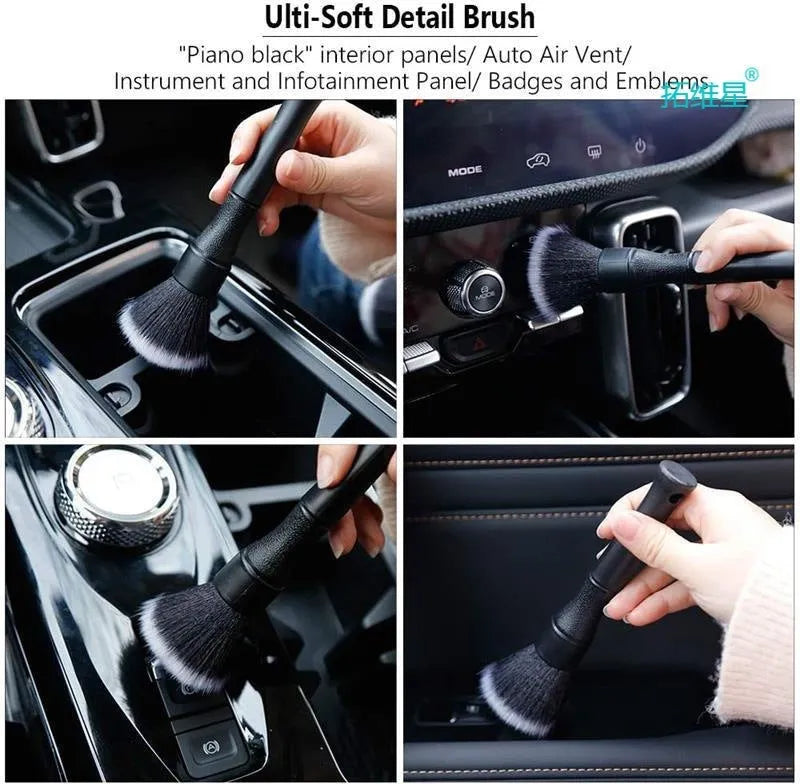 Black car detailing brush with ultra-soft pig hair bristles shown in two sizes: 240mm and 160mm length.