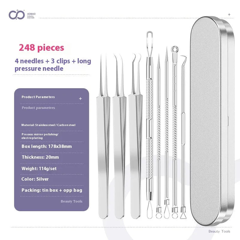 4-piece metal acne needle set with ultra fine pointed tips on silver background