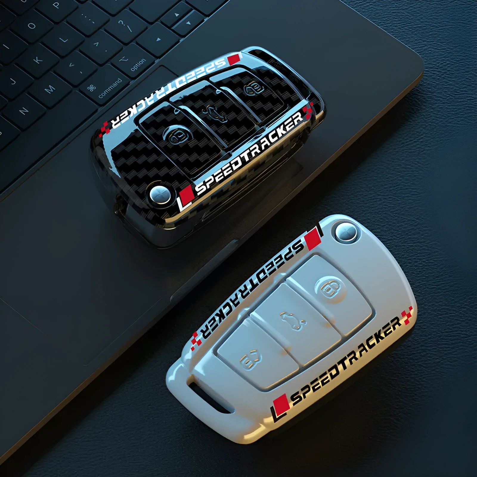 Carbon fibre style car key cover with mirror elements in carbon and white colour options