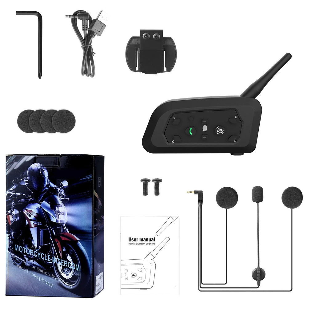 V6 Pro motorcycle helmet Bluetooth intercom unit with headphones and mounting kit