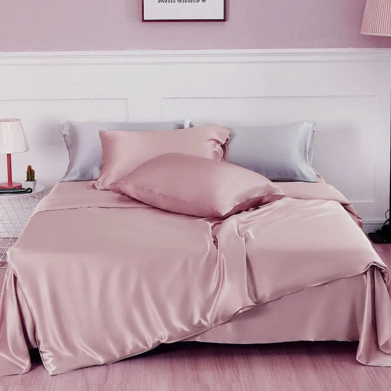 Silk duvet cover in lotus pink colour showing double-sided construction and plain weave texture