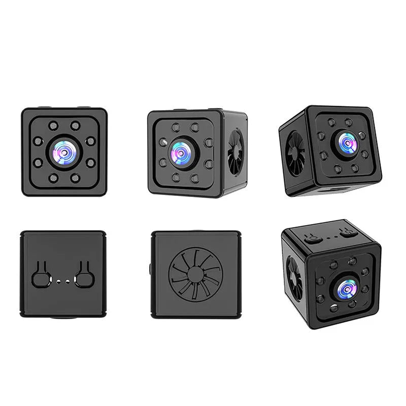 Black cubic sports camera with mounting bracket on white background