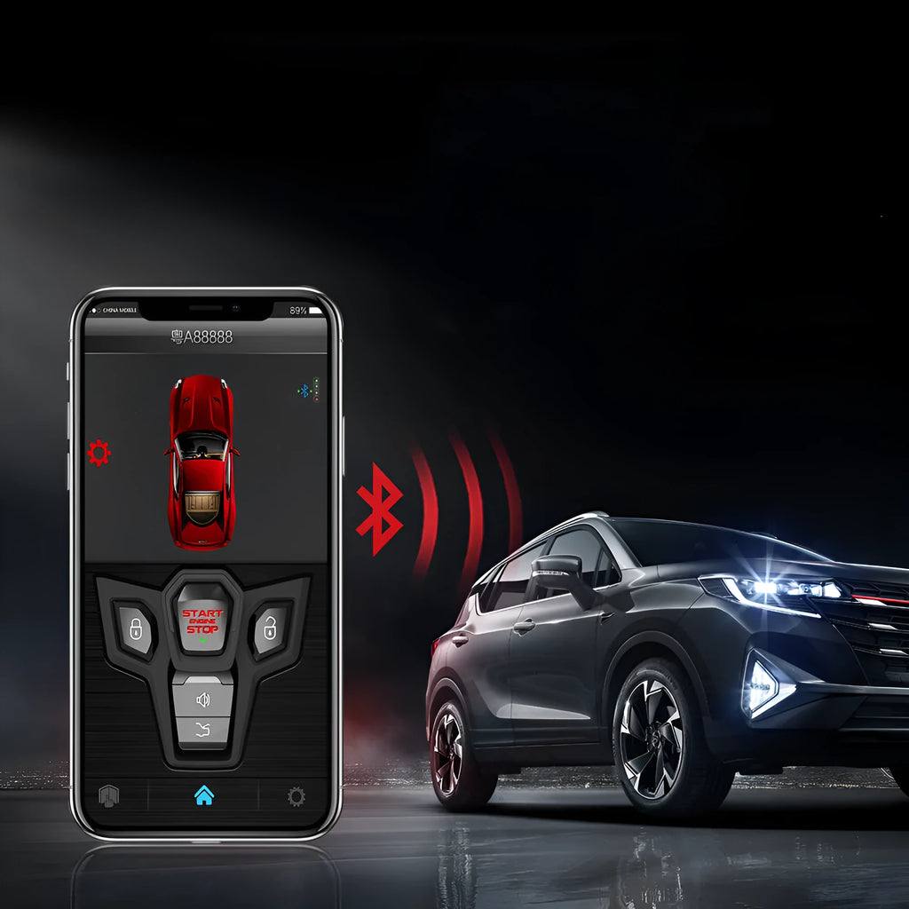 Red and black one-way car alarm system with two remote controls for 3000 metre vehicle security