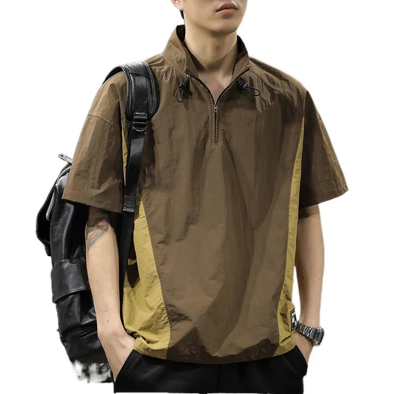 Men's brown half-zip stand collar business casual shirt with short sleeves and ice silk fabric