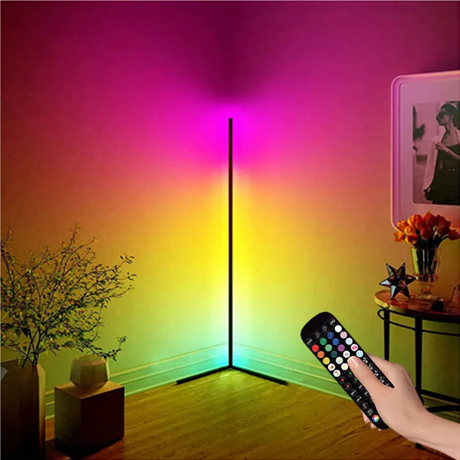 Black smart floor lamp with aluminium alloy body and silicone shade showing RGB lighting effects