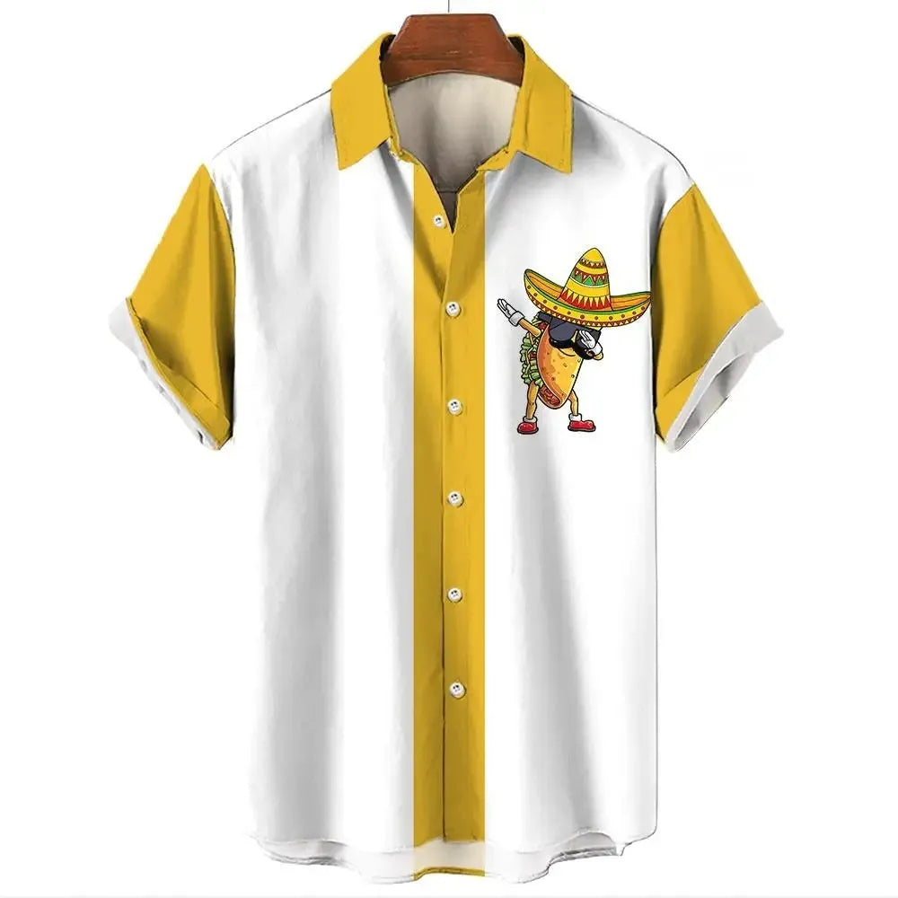 Man wearing a striped short-sleeve button-up Hawaiian shirt in a casual setting