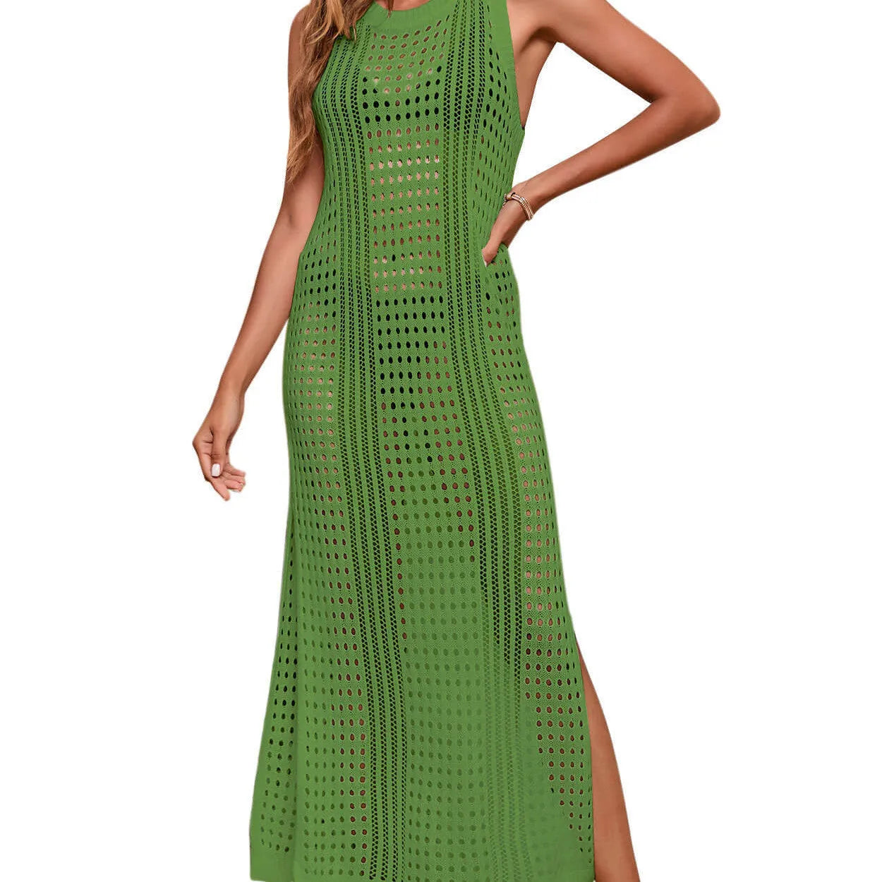 Women's loose knitted beach blouse in a solid colour with a hollow-out design.