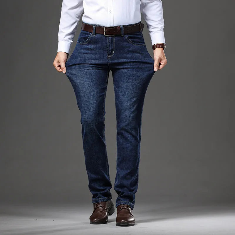 Women's plus size stretch jeans in business casual straight-leg style with high elasticity