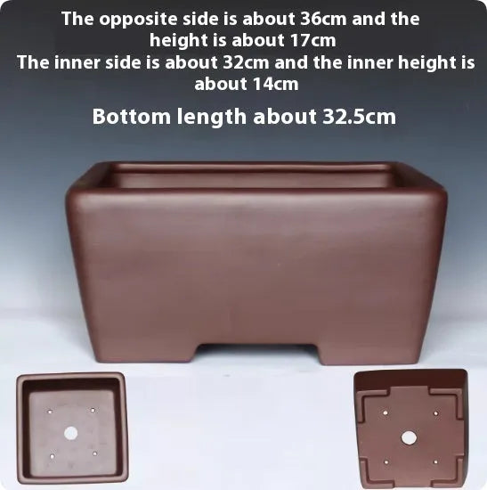 Square purple clay bonsai pot measuring 24cm with classical design for succulent plant display