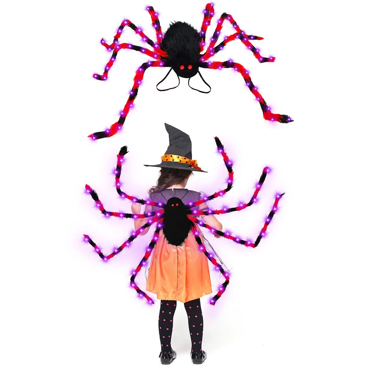Halloween spider backpack with LED lights in plush sugar bag design shown in orange purple light colour