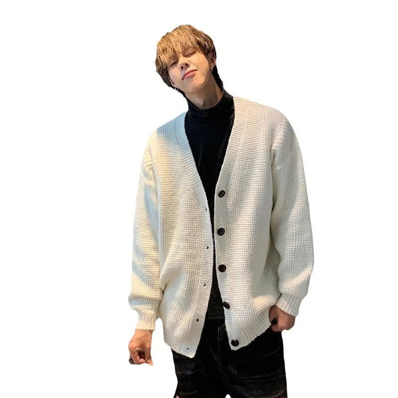 Men's V-neck cardigan sweater in army green colour showing loose fit and casual styling
