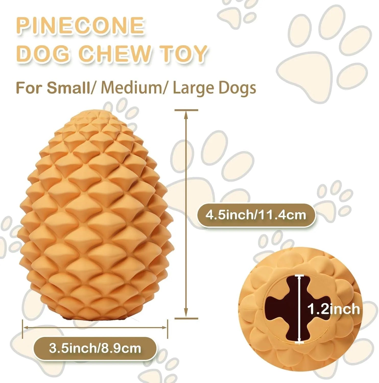 Yellow pine cone-shaped natural rubber dog chew toy with textured surface and treat dispenser hole.