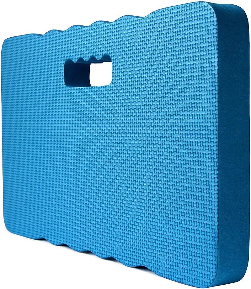Blue plastic garden kneeler pad on grass, measuring 45cm long by 28cm wide.