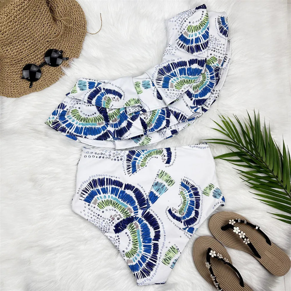 White women's one-shoulder swimsuit with lotus leaf design and double-layer construction