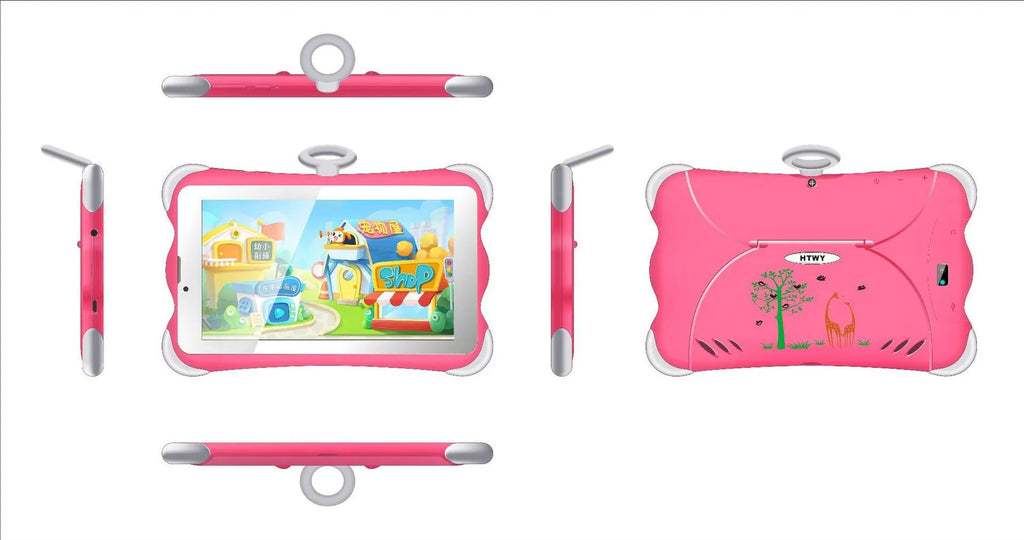 A 7-inch children's learning tablet in a cartoon colour, shown with its stand, on a table.