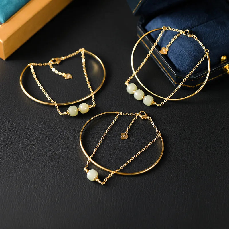 Jade lucky beads bracelet for women with gold inlay, shown in single, double, and three bead versions.