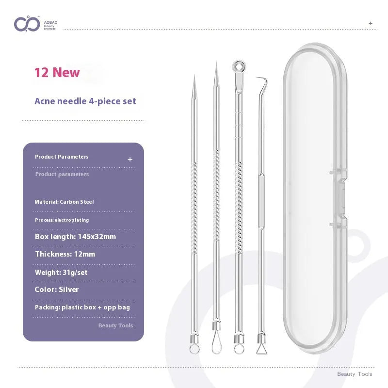 4-piece metal acne needle set with ultra fine pointed tips on silver background
