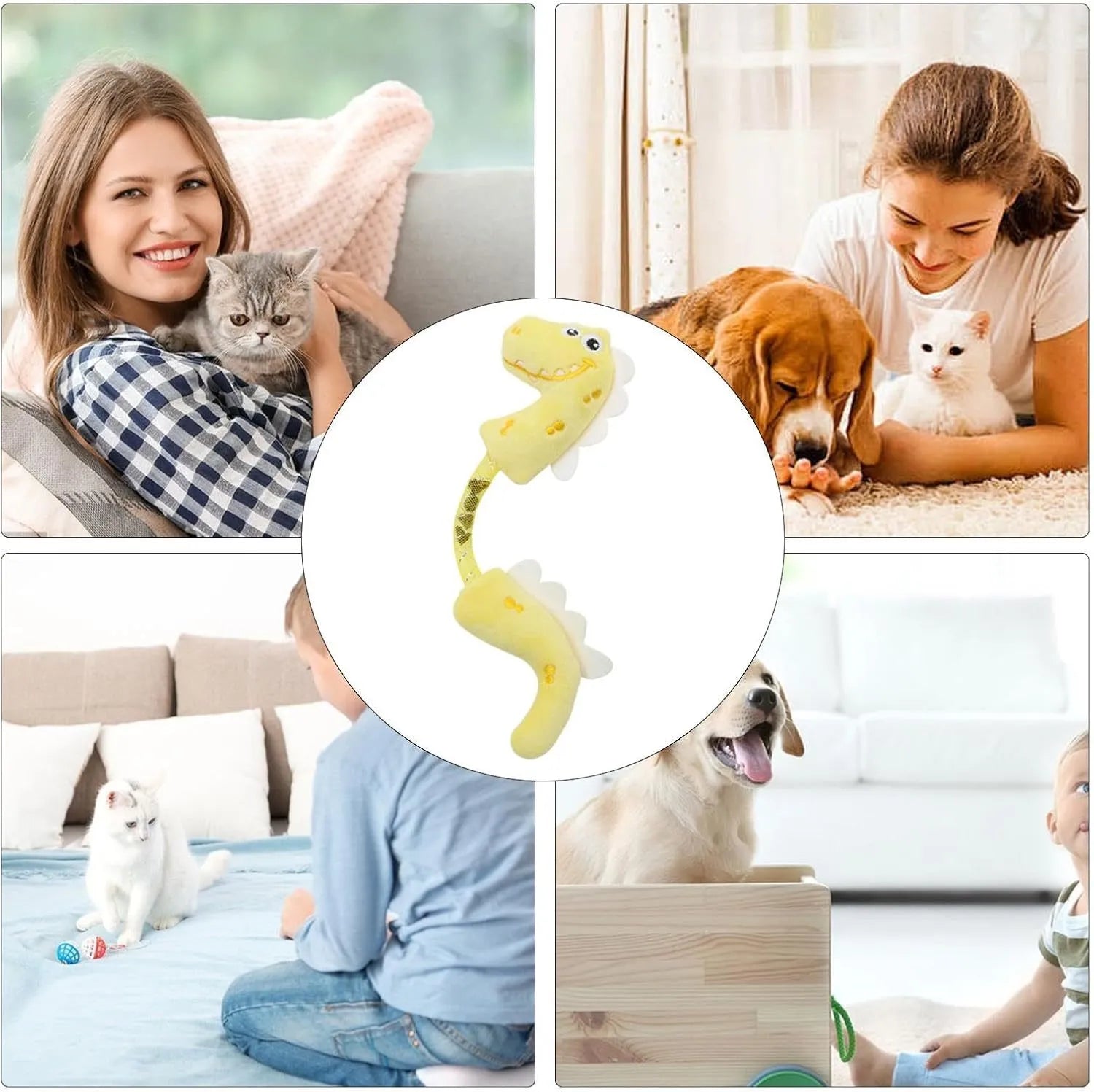 Four-piece cat toy bundle showing plush mouse, fish, bunny, rope toys, springs and kicker toys in assorted colours