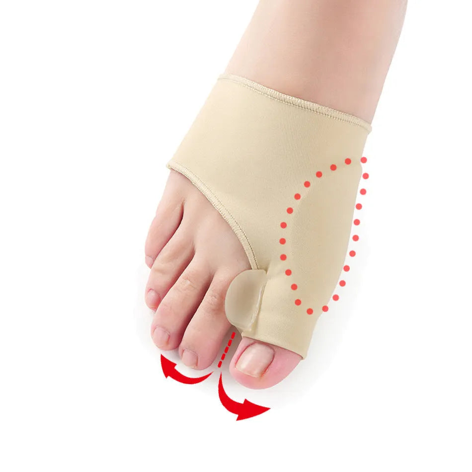 Pair of beige corrective toe socks with a clear silicone gel bunion pad and toe separator.