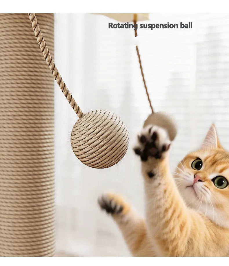 Scratch-resistant cat climbing frame with windmill hanging ball toy on pine wood structure