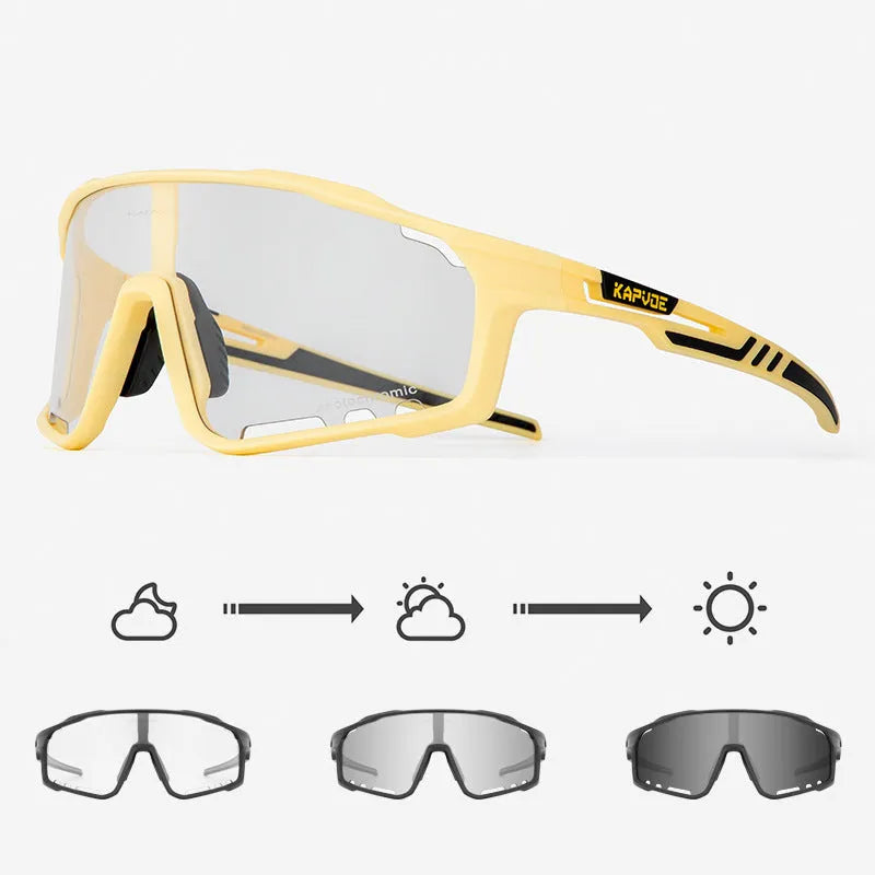 Photochromic cycling sunglasses with a semi-rimless TR90 frame in one of fourteen colour options.