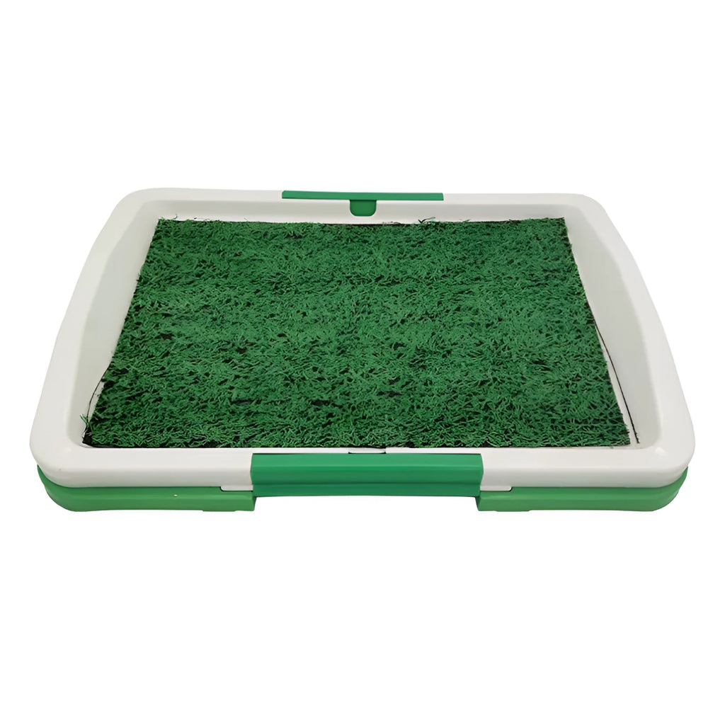 Green artificial grass indoor dog toilet training tray with three-layer construction.