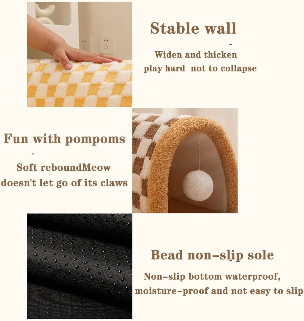 Brown plaid cat tunnel bed with central mat showing collapsible tunnel tube and non-slip bottom